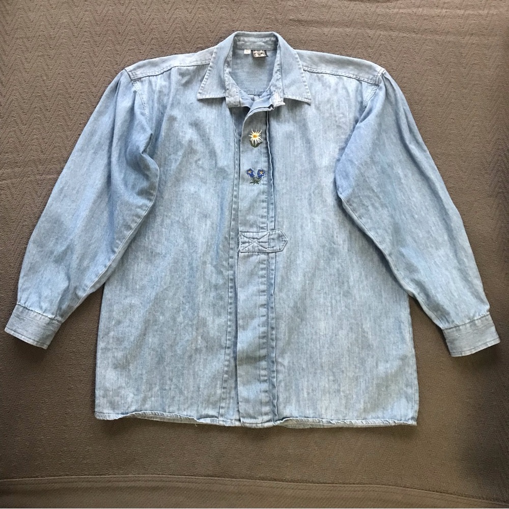 VTG Alpen Trachten European Denim Button Down Top Embroidered Flowers Floral S